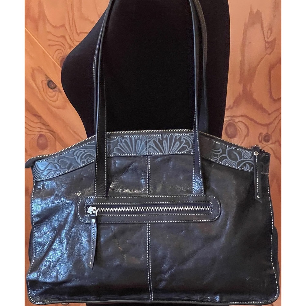 Firenze Bella Black Genuine Leather Satchel Shoulder Bag Buckles - Picture 2 of 11
